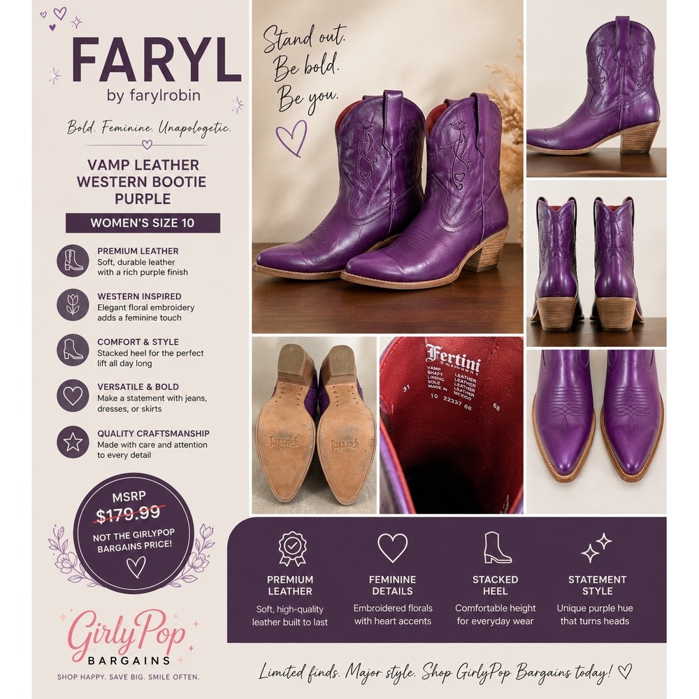 Faryl by Farylrobin Purple Leather Western Ankle Boots Floral Embroidery Size 10
